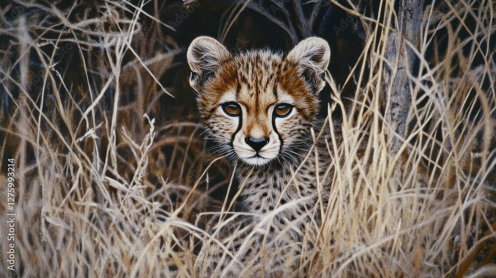 Obraz premium Young Cheetah Cub Observing Its Surroundings in Tall Grass