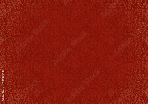 Hand-drawn unique abstract ornament. Light red on a bright red background, with vignette of same pattern in golden glitter. Paper texture. Digital artwork, A4. (pattern: p13-2c)