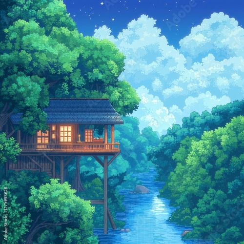 Pixel Art Cozy Treehouse Nestled Among Lush Green Trees Beside a Gentle River