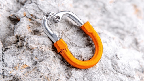 Orange climbing carabiner on rock.  Outdoor gear safety