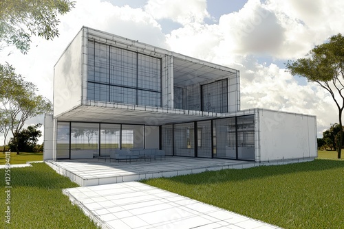 Wallpaper Mural Modern Architectural Design Wireframe Luxury House Exterior with Grassy Lawn Torontodigital.ca