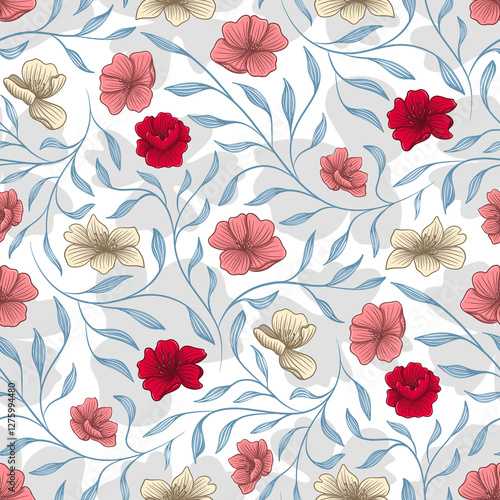 Colorful flowers on white background. Hand drawn floral illustration.