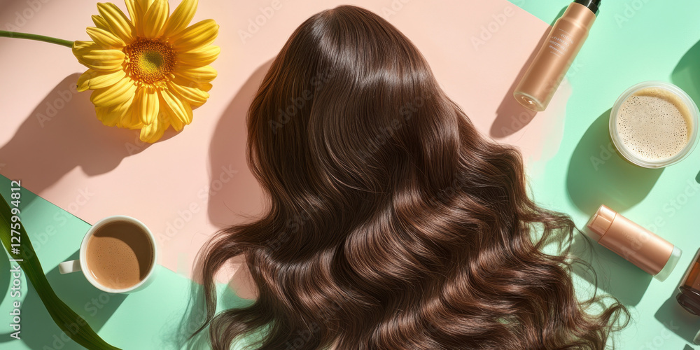 Fototapeta premium Long, wavy hair is elegantly arranged on a pastel surface surrounded by a sunflower, a cup of coffee, and beauty products on display