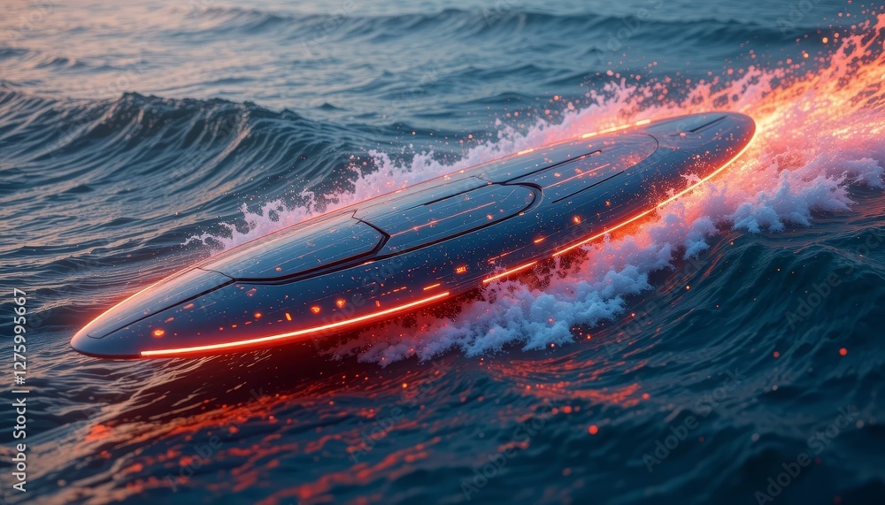 Fototapeta premium Glowing neon surfboard cutting through ocean waves