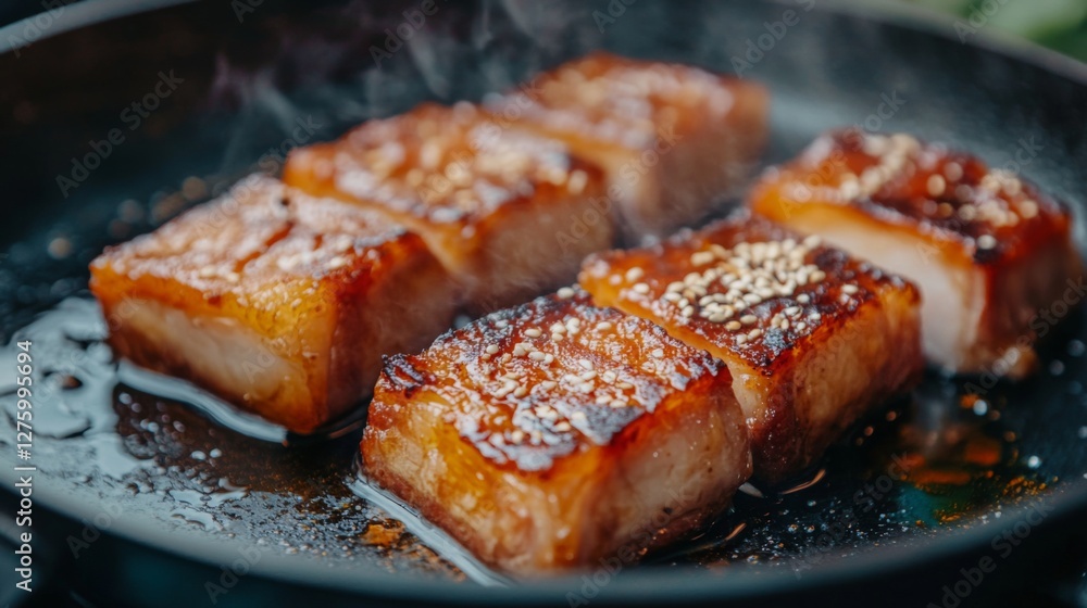 A dramatic shot of pork belly sizzling in a frying pan, with droplets of oil splattering, capturing the essence of a delicious cooking moment A dramatic shot of pork belly sizzling in a frying pan, with droplets of oil splattering, capturing the essence of a delicious cooking moment