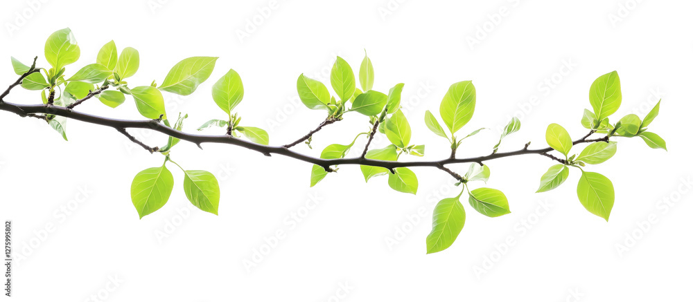 Branch of Life: Delicate and vibrant green leaves unfurl on a slender branch, symbolizing growth, renewal, and the gentle beauty of nature. The image captures the essence of springtime, serenity. Branch of Life: Delicate and vibrant green leaves unfurl on a slender branch, symbolizing growth, renewal, and the gentle beauty of nature. The image captures the essence of springtime, serenity.
