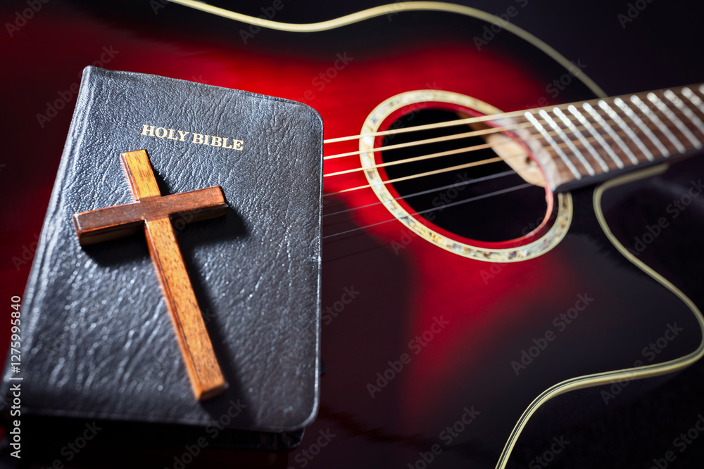 Fototapeta premium Holy Bible with guitar and religious crucifix cross, gospel music concept