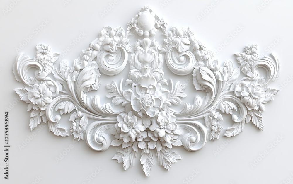 Obraz premium Elegant White Floral Plaster Molding: Intricate Design, Decorative Relief, Ornate Wall Decor, Classic Style, Architectural Ornament, Home Interior