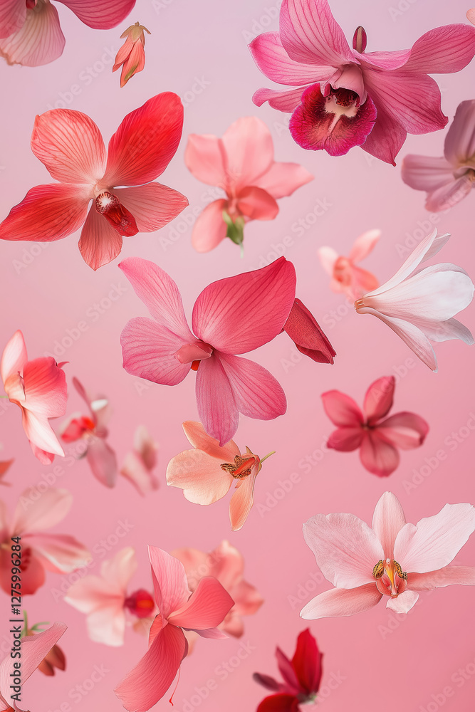 surreal floating flowers with red hibiscuses and pink chrysanthemums against a pink background surreal floating flowers with red hibiscuses and pink chrysanthemums against a pink background