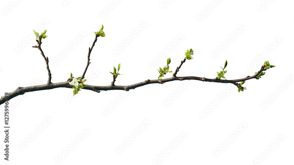 Budding Branch in Spring: A delicate tree branch with fresh, vibrant green buds against a clean, light background, heralding the arrival of spring. Budding Branch in Spring: A delicate tree branch with fresh, vibrant green buds against a clean, light background, heralding the arrival of spring.