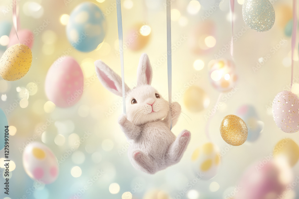A joyful Easter Bunny swinging on a pastel ribbon, surrounded by floating, sparkling Easter eggs in a dreamy, fairytale-inspired setting. A joyful Easter Bunny swinging on a pastel ribbon, surrounded by floating, sparkling Easter eggs in a dreamy, fairytale-inspired setting.