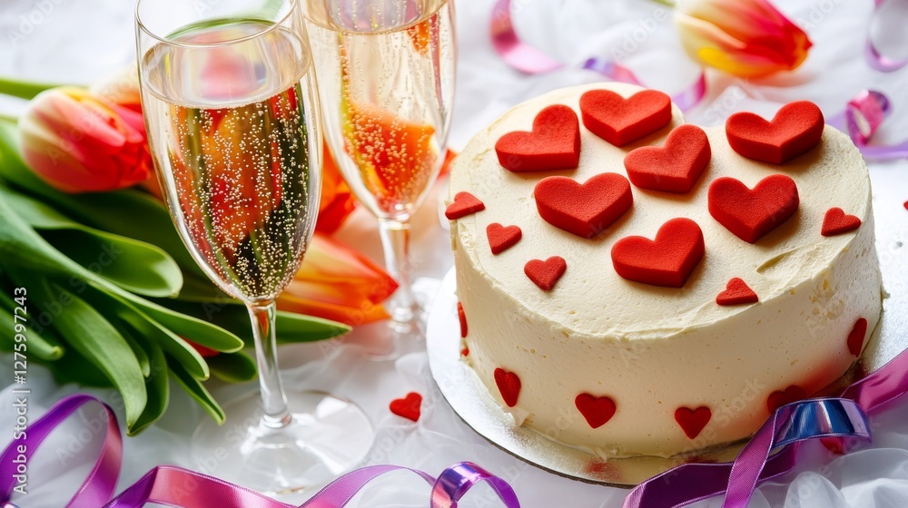 Romantic celebration with heart cake and champagne amidst tulips and ribbons Romantic celebration with heart cake and champagne amidst tulips and ribbons