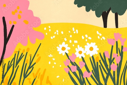 Colorful illustration of a vibrant spring landscape