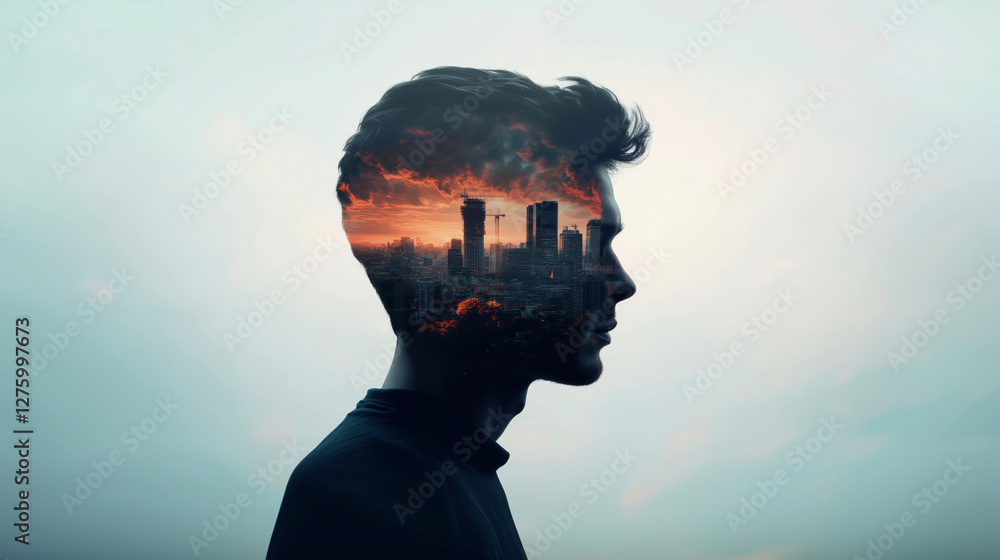 Urban reflection silhouette of a man cityscape surreal art dreamlike Urban reflection silhouette of a man cityscape surreal art dreamlike