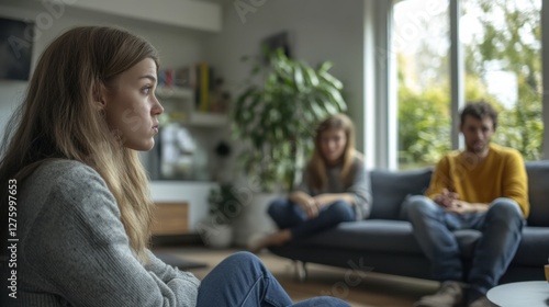 Family conflict in a stylish living room between parents and teenage children. Featuring emotional distance and frustration