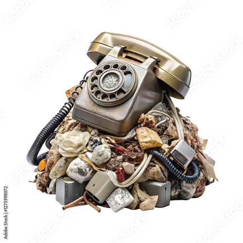 Vintage Rotary Dial Telephone Placed on a Pile of Trash, Symbolizing Nostalgia and Decay.  PNG file for mock-up. photo