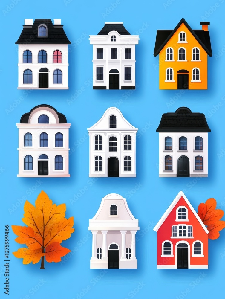 Fototapeta premium Charming House Collection: Architectural Styles - Nine charming houses in various architectural styles, perfect for real estate, home design, or autumn themes