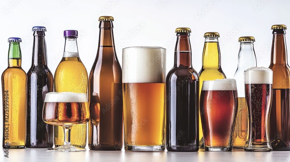 Assorted Beer Bottles and Glasses Displayed on a White Background for Beverage Promotion Assorted Beer Bottles and Glasses Displayed on a White Background for Beverage Promotion