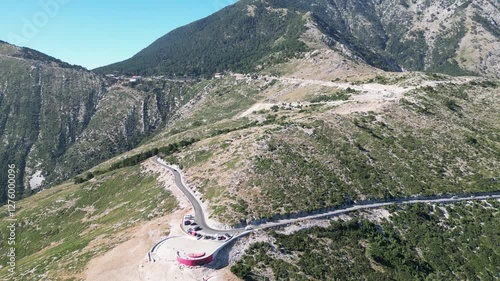 Panoramic aerial image of Llogara panorama point on the Llogara pass in Albania near Vlore, southern Albania.