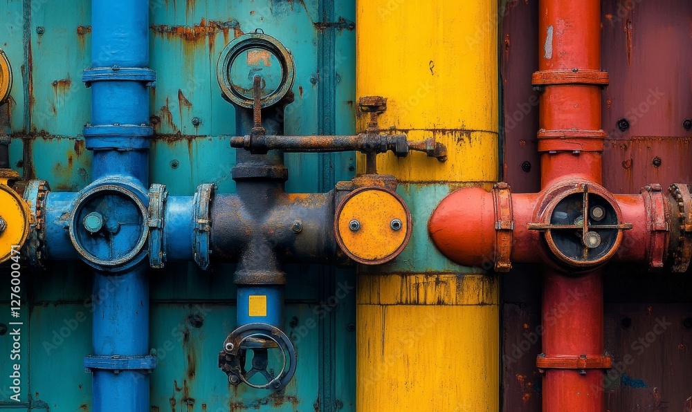 Colorful industrial pipes connected by valves and measuring devices. Colorful industrial pipes connected by valves and measuring devices.