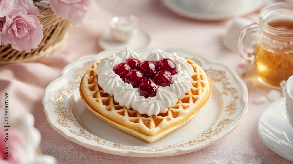 Heart-shaped waffle with cherry topping and whipped cream on elegant plate Heart-shaped waffle with cherry topping and whipped cream on elegant plate