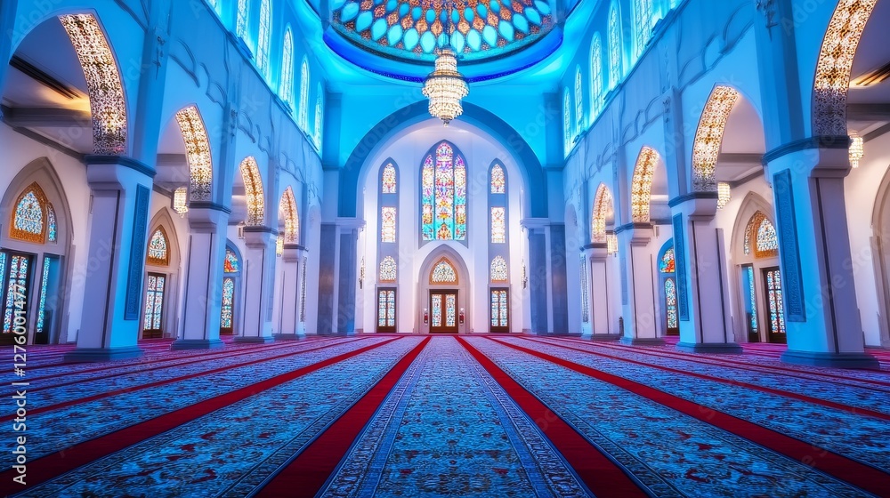 Obraz premium Majestic Mosque Interior: Towering Arches and Geometric Beauty - Spiritual sanctuary, serene atmosphere, architectural marvel, islamic design, divine elegance