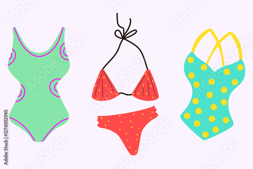 Summer swim suits. Colorful summer bikini. Modern isolated vector illustration.