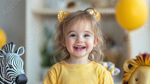 joyful child smiles brightly in playful safari themed setting, happy birthday anniversary theme.