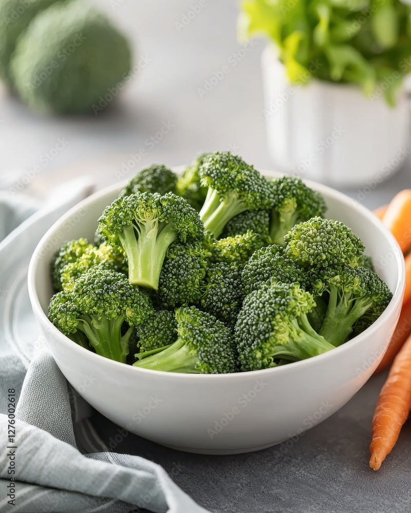 Fresh Green Broccoli in Bowl with Carrots and Kitchen Background Fresh Green Broccoli in Bowl with Carrots and Kitchen Background