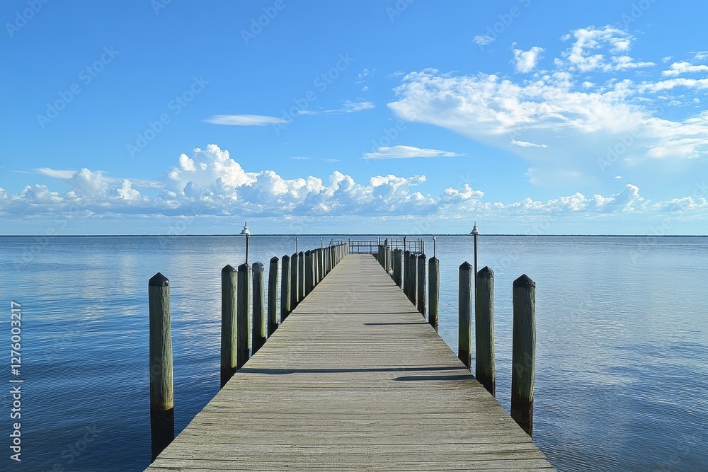 Wooden pier stretches towards the serene water under a bright Wooden pier stretches towards the serene water under a bright