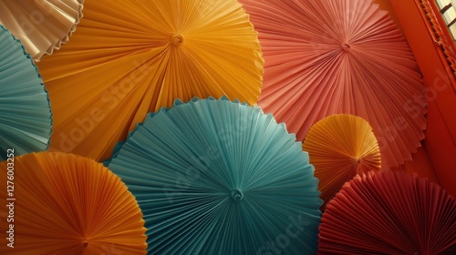 Colorful Pleated Paper Fans Abstract Background.