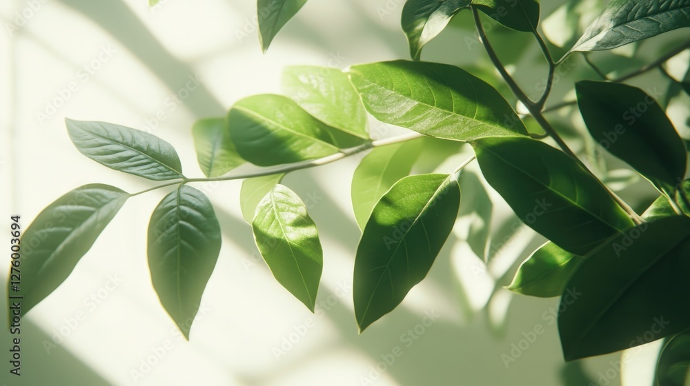 Fresh green leaves in sunlight with soft shadows, ideal for natural wellness and relaxation backgrounds Fresh green leaves in sunlight with soft shadows, ideal for natural wellness and relaxation backgrounds