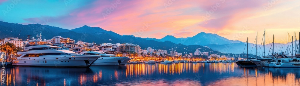 Obraz premium Stunning Sunset over Luxury Yachts Coastal Cityscape in Mountain Bay