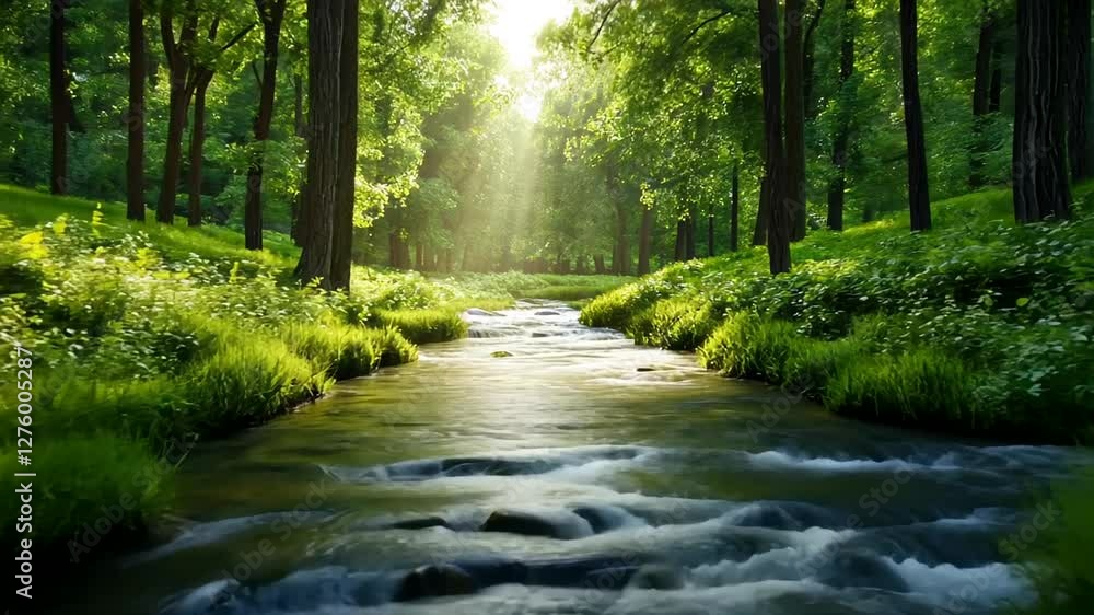 Serene forest stream with sunlight, promoting tranquility, nature, eco-friendly retreats, Earth Day celebration Serene forest stream with sunlight, promoting tranquility, nature, eco-friendly retreats, Earth Day celebration