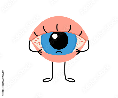 Redness of eye, cute character. Irritation, inflammation from overworked, allergy, dryness. Health eyesight. Vector cartoon illustration