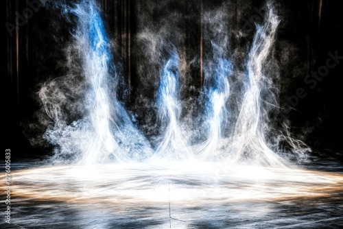 Ethereal smoke figures, dark forest background, magical scene, fantasy art