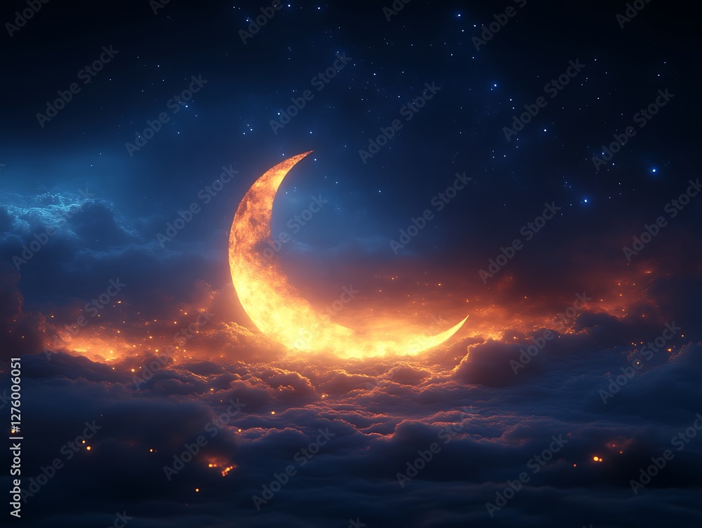 Fototapeta premium Fiery Crescent Moon Above a Sea of Clouds and Stars