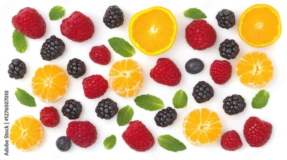 Overhead view of a healthy fruit salad with assorted fresh berries, citrus, and mint leaves on a clean white background Overhead view of a healthy fruit salad with assorted fresh berries, citrus, and mint leaves on a clean white background