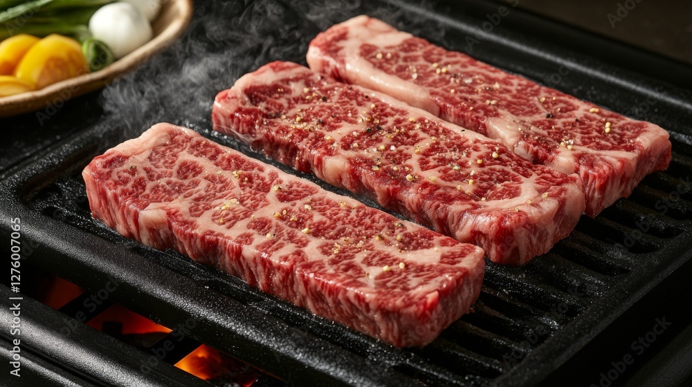 Fototapeta premium A tempting image of marbled steak cuts on a grill, sizzling and surrounded by smoke, capturing the deliciousness of cooking fresh meat