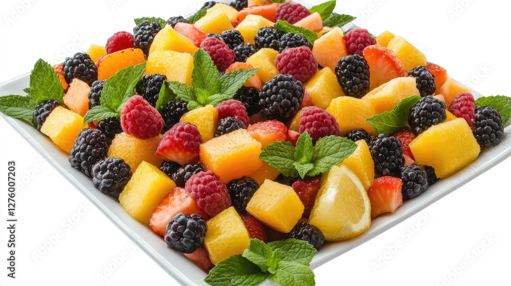 Overhead view of a healthy fruit salad with assorted fresh berries, citrus, and mint leaves on a clean white background. Overhead view of a healthy fruit salad with assorted fresh berries, citrus, and mint leaves on a clean white background.