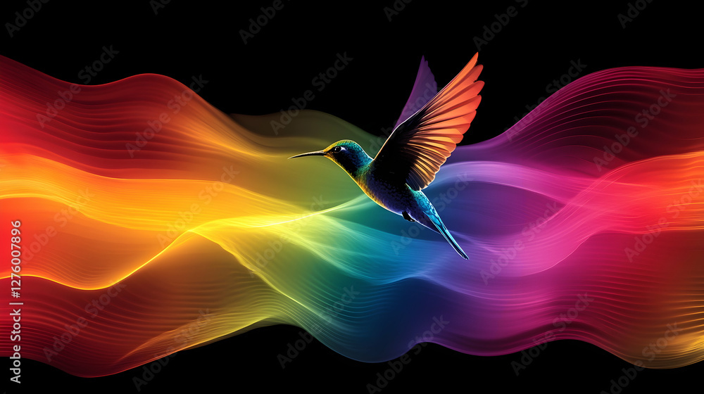Fototapeta premium Hummingbird soaring through vibrant rainbow waves; abstract art for design