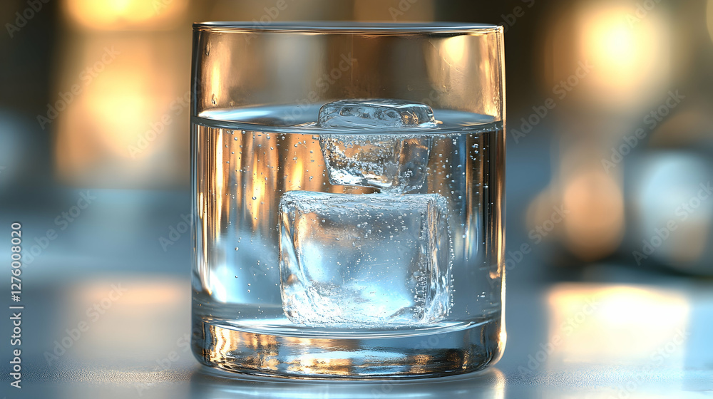 Iced water glass on table, blurred background, refreshment Iced water glass on table, blurred background, refreshment