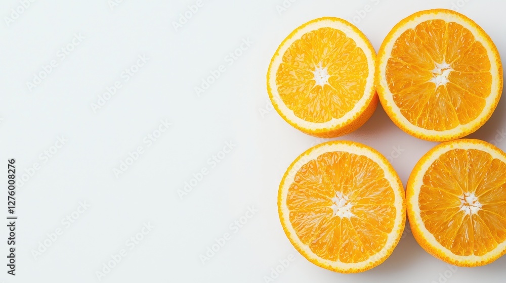 Fototapeta premium Four orange halves on white background. Healthy food concept