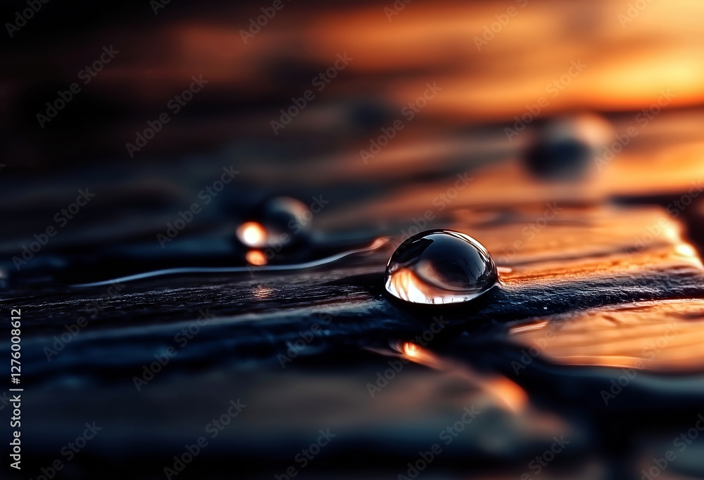 Fototapeta premium Water droplets reflecting golden sunset on wooden surface