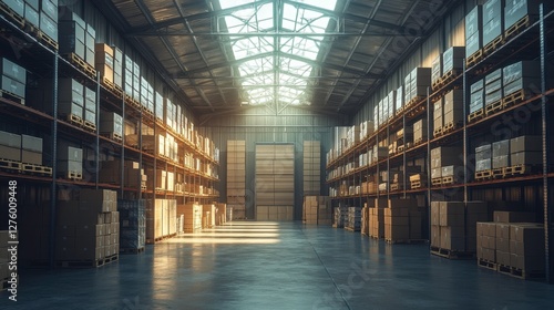 Wallpaper Mural A spacious warehouse featuring high shelves filled with neatly stacked boxes, illuminated by natural light streaming through large windows. Torontodigital.ca