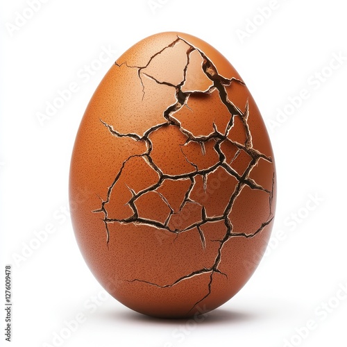 A cracked brown egg, symbolizing fragility, vulnerability, and the passage of time.