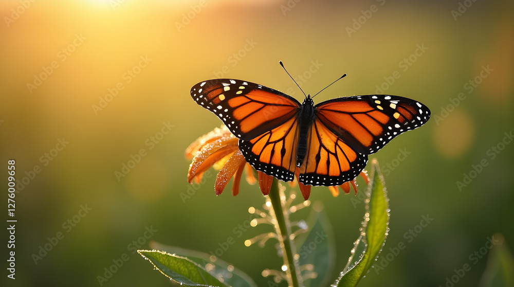 Obraz premium A vibrant monarch butterfly rests on a blooming flower, illuminated by golden sunlight. This stunning macro shot captures the beauty of pollination, nature, and the delicate balance of ecosystems.