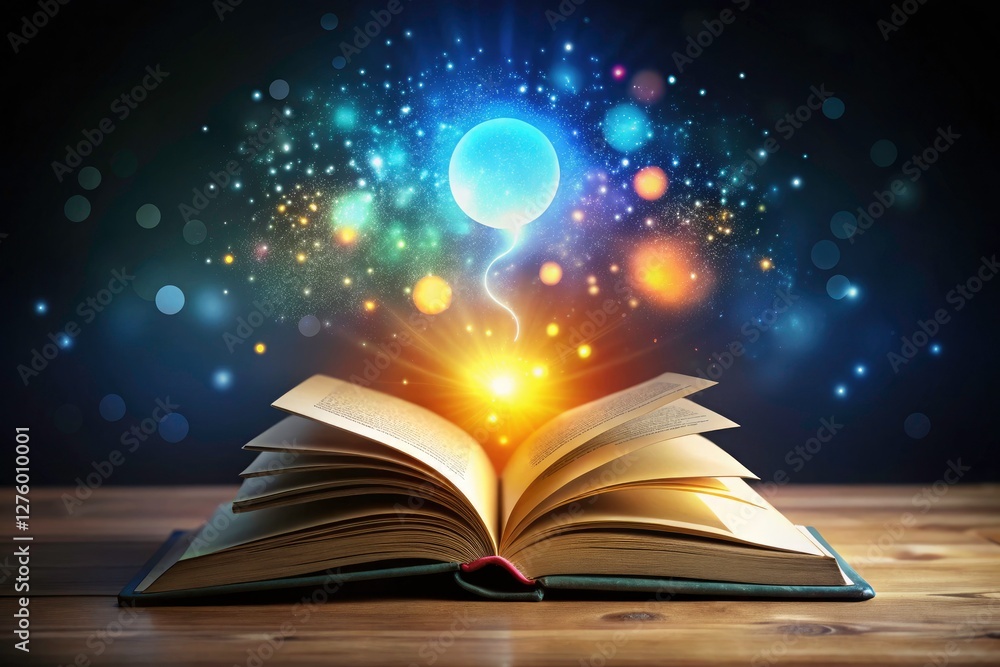 An open book glows, illuminating a speech bubble, magical words float in the night. An open book glows, illuminating a speech bubble, magical words float in the night.