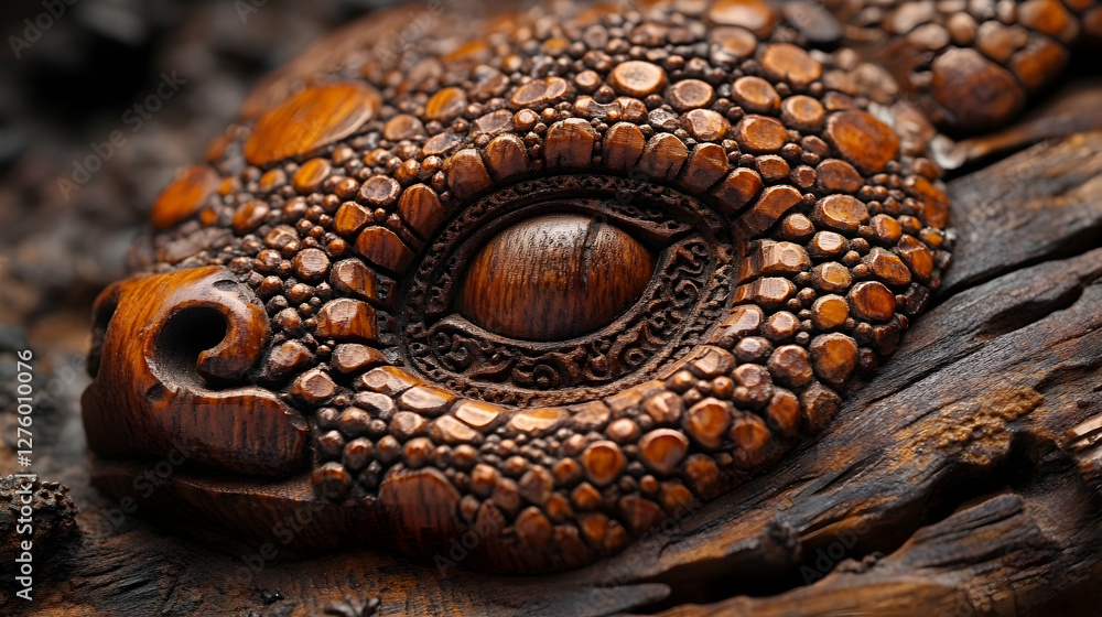 Fototapeta premium Intricate wooden lizard carving detail, dark background, nature texture, artistic craft