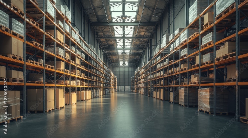 A spacious warehouse filled with neatly stacked boxes on shelves, illuminated by natural light from a skylight above. A spacious warehouse filled with neatly stacked boxes on shelves, illuminated by natural light from a skylight above.